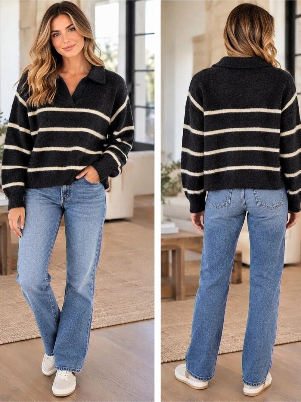 Z Supply Monique Stripe Sweater Black Cream Collared Size M